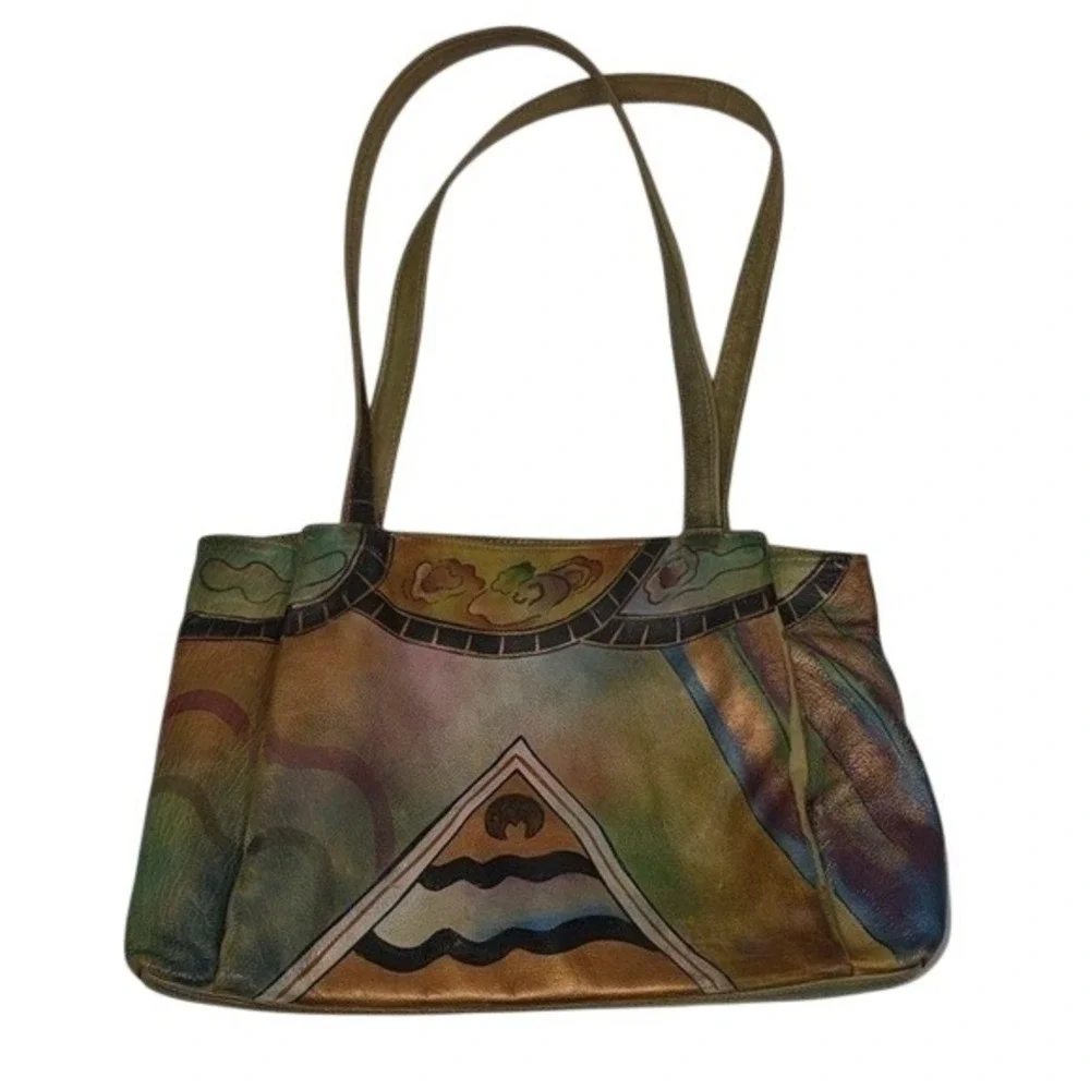 Anuschka Hand Painted Leather Shoulder Bag‎ Abstract Geometric Multicolor Tote